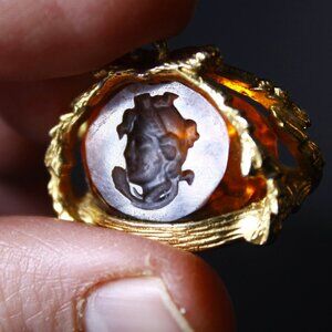 Vintage yellow glass Medusa intaglio fob, gentlemans watch fob